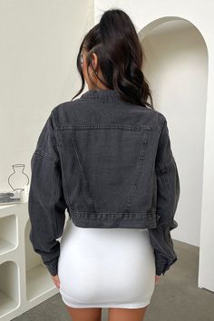 The essential Denim Jacket you need in your wardrobe. The King Cropped Denim Jacket In Black Denim is the perfect finishing piece to your everyday look. She features a collar, 2 functioning front chest pockets, 4 copper button front closure and long sleeves with button enclosure at the end. Pair with your fave linen dress and sandals or with a denim skirt for a statement denim on denim vibe. FABRICATION: 100% polyester SIZING: Crystal's height is 162cm and wears a size AU6/US2 Dress And Sandals, Jennifer Dress, Crop Outerwear, Orange Swimwear, Green Swimwear, Summer Formal Dresses, Lounge Sweater, Red Swimwear, White Swimwear