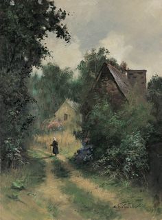 an oil painting of a person walking down a path in the woods by a house