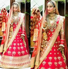 two pictures of a woman in red and gold wedding attire with jewelry on her head