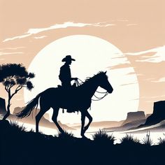 a man riding on the back of a horse in front of a large sun with trees