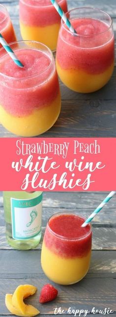 strawberry peach and white wine slushies in glasses with strawberries