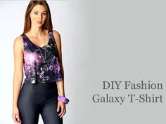 a woman in tight pants and tank top with the words diy fashion galaxy - t - shirt