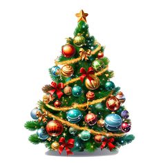 a christmas tree with ornaments and bows on it's branches, in front of a white background