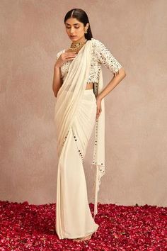 Shop for Samatvam by Anjali Bhaskar White Blended Georgette Pre-draped Saree With Embroidered Blouse for Women Online at Aza Fashions White Georgette Pre-draped Saree, White Saree For Evening With Traditional Drape, Traditional White Pre-draped Saree For Evening, White Pre-draped Saree With Sheer Dupatta, Fitted Off White Pre-draped Saree In Traditional Drape, White Draped Pre-draped Saree For Wedding, Fitted Off White Pre-draped Saree For Festive Occasions, Fitted Off-white Pre-draped Saree For Festive Occasions, Off White Fitted Pre-draped Saree