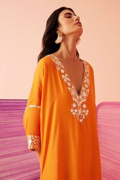 Shop for Sureena Chowdhri Orange Muslin Oblivion Embroidered Yoke Kaftan for Women Online at Aza Fashions Muslin Kaftan, Sureena Chowdhri, Kaftan For Women, Orange Mirror, Resham Work, Oblivion, Fashion App, Cut Work, Batwing Sleeve