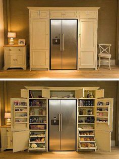 two pictures of refrigerators with doors open and shelves full of items in the same room