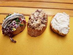 three different types of bread with toppings on them