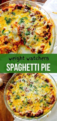 two different views of spaghetti pie on a wooden table with text overlay that reads weight watchers spaghetti pie