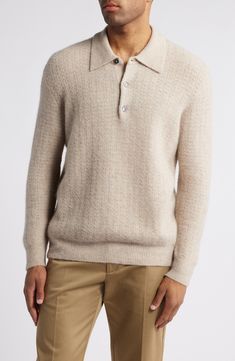 A blend of baby alpaca and wool provides ultrasoft comfort in a textured long-sleeve polo-sweater that's rendered in a season-spanning neutral hue. Button half placket Point collar Long sleeves Ribbed cuffs and hem 48% alpaca, 21% wool, 28% polyamide, 3% elastane Dry clean Imported Luxury Wool Long Sleeve Top, Luxury Long Sleeve Polo Sweater For Winter, Luxury Long Sleeve Wool Top, Luxury Long Sleeve Merino Wool Top, Luxury Cashmere Winter Tops, Luxury Cashmere Tops For Winter, Luxury Long Sleeve Polo Sweater For Fall, Luxury Long Sleeve Winter Tops, Luxury Wool Polo Sweater For Winter