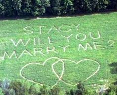 two hearts drawn in the grass with words on it that says, stay you will marry me?