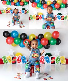 a little boy sitting on top of a chair in front of balloons