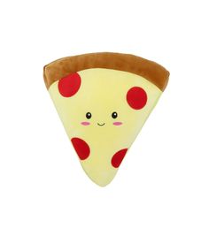 a slice of pizza with red spots on it's face and eyes, sitting in front of a white background