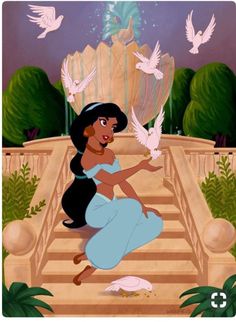 the princess from disney's pocahon is sitting on steps with doves in her hand