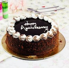 a chocolate cake sitting on top of a table