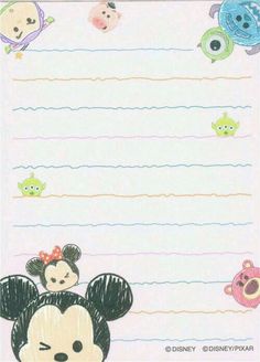 a drawing of mickey and minnie mouses with lined paper in the background for writing