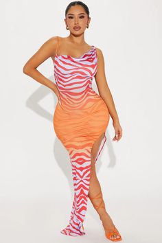 Madison Abstract Maxi Dress - Orange/combo | Fashion Nova, Dresses | Fashion Nova Vacay Fits, Glam Closet, Abstract Dress, Girly Shoes, Fashion Nova Dress, Cowl Neckline, Print Placement, Curve Dresses