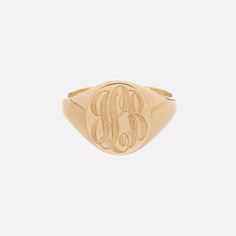 The Jumbo Signet Ring is your go-to for making a statement. We highly recommend this gorgeous, personal piece with a custom script with an optional pavé border. Material: 14k Yellow Gold, Pave Diamonds Face Measures: 12mm H x 10mm W Ring Shank Measures: 2mm Number of Stones: 22 to 30 (depending on the letter) Stones Measure: 1mm Carat Total Weight: 0.18 to 0.22ctw Handmade in California, USA Notes: The ring can hold up to two letters. If you choose the pavé version, it will hold only one letter. Personalized Engraved 14k Gold Ring, Personalized 14k Gold Signet Ring For Formal Events, Personalized Yellow Gold Signet Ring For Formal Occasions, Personalized Yellow Gold Signet Ring For Formal Events, Yellow Gold Signet Ring With Engraving Option, Yellow Gold Fine Jewelry Signet Ring With Engraving Option, Elegant Rings With Initials On Round Band, Elegant Ring With Initials On Round Band, Elegant 14k Gold Initial Ring With Engraving Option