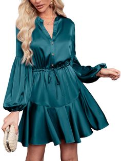 PRICES MAY VARY. 💝💝You'll be swept off your feet in the perfect little satin mini dress! This long sleeve Swing Party dress is finished in a soft, skin-friendly, and no stretchy noble satin fabric(95% Polyester and 5% elastane). 💝💝Live your life in absolute luxury and throw on our semi formal puff sleeve Dress. The long sleeve club satin Dress is a v-neck, mini length, V neck, Button Down design that showcases a beautiful satin material that drops with the wind. 💝💝You're too irresistible i Wedding Guest Cocktail Dress, Casual Silk Dresses, V Neck Mini Dress, Jeans Outfit Casual, Lantern Sleeve Dress, Glamorous Dresses, Winter Outfit Inspiration, Satin Mini Dress, Soft Skin