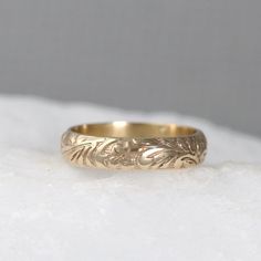 14K Yellow Gold Wedding Band - Design Band - Stacking Ring - Floral & Vine Pattern Wedding Band - Ye Traditional Carved Engraved Wedding Ring, Heirloom Yellow Gold Carved Engraved Ring, Classic Carved Engraved Wedding Ring, Yellow Gold Engraved Ring With Intricate Design For Anniversary, Traditional Wedding Ring With Etched Engraving, Antique Engraved Wedding Ring With Carved Details, Antique Carved Engraved Wedding Ring, Ornate Yellow Gold Engraved Ring For Anniversary, Gold Engraved Ring With Intricate Design For Anniversary