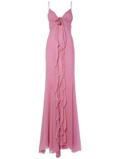 Ruffled silk long dress w/rose - Blumarine - Women | Luisaviaroma 90s Romcom, Silk Long Dress, Silk Dress Long, Prom Dress Inspiration, School Events, Grad Dresses, Dress Inspo, Glam Dresses, Fancy Outfits