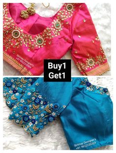 "blouse Quantity : Two 1. Pink Pattu silk blouse with beautiful Pearl embroidery (aari) done with silk thread, zardozi & stones. 2. blue Pattu silk blouse with beautiful floral thread embroidery (aari) done with silk thread, zardozi & stones. Made to Order Saree blouse (any combination) Front Open - with pads / without Padded (as per customer's requirement ) Princess cut Soft, light-weight and breathable fabric. If you could include following info in the note to whenever you placed the order, yo Thread Work Blouse Designs, Hand Embroidery Blouse, Floral Thread Embroidery, Saree Bluse, Silver Blouse, Bridal Necklace Designs, Pearl Embroidery, Aari Work Blouse, Bridal Blouse