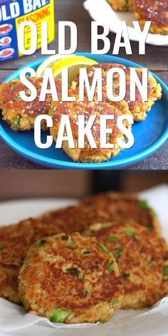 old bay salmon cakes on a blue plate with lemon wedges in the middle and an image of crab cakes