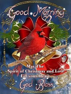 a red cardinal sitting on top of a christmas tree next to two cups of coffee