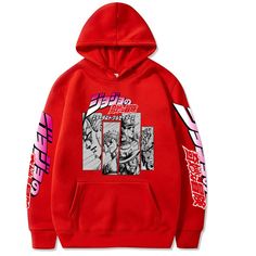 Anime JOJO HOODIE - Urban Shoes Red Cotton Hip Hop Hoodie, Red Hip Hop Hoodie With Drawstring Hood, Red Hip Hop Sweatshirt With Drawstring Hood, Red Hoodie For Streetwear, Red Sports Hoodie With Graphic Print, Red Graphic Print Sports Hoodie, Urban Shoes, Japanese Lifestyle, Cartoon Sweatshirts