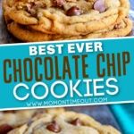 the best ever chocolate chip cookies are stacked on top of each other and in between