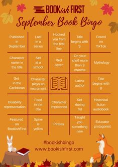 A bingo board with multiple squares of bookish prompts. It's orange and red with an autumnal theme September Reading, Bookstagram Inspiration, Book Challenge