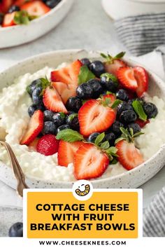 cottage cheese with fruit breakfast bowls on a white tablecloth and text overlay reads cottage cheese with fresh berries in a bowl