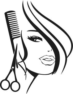 a woman with a comb and scissors in her hand, black and white illustration on a white background