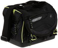 a black duffel bag with neon green trim