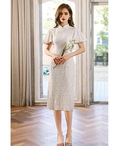 Get 10% off now! Buy retro modest high neck white lace wedding party dress with beaded flare sleeves at cheap price online. Free stable shipping and pro custom service since 2009. High Neck White Dress, Simple Wedding Dress Short, Wedding Dresses 2024, Wedding Dresses 2018, Wedding Party Dress, Flare Sleeves, Short Wedding Dress, Wedding Dresses Simple, Wedding Party Dresses