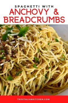 spaghetti with anchovy and breadcrumbs recipe on the side in a white bowl