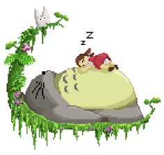 a pixellated image of an animal sleeping on top of a rock