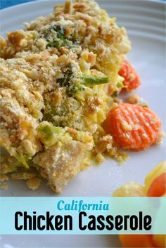 a close up of a plate of food with the words california chicken casserole