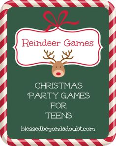 christmas party games for teens with reindeer heads and red and white striped ribbon on green background