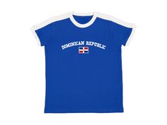 Dominican Republic Baby Tee Blue or red ringer t shirt with white contrast collar, arched Domincan Republic graphic, and Dominican flag. Blokette and soccer inspired jersey shirt. #sporty #carribean #blokecore #handmade #summer Measurements (in inches): Small- Width: 16 Length: 21.5 Medium- Width: 18 Length: 23 Large- Width: 19 Length: 25 Care Instructions: * Do not dry clean * Wash and dry inside out * Hang dry (preferred) or machine dry on a delicate setting * Use cold water * Use mild detergent * Do not bleach Dominican Republic Women, Dominican Flag, Dominican Republic Flag, Bebe T Shirt, Soccer Tees, Flag Outfit, Y2k Summer, Baby T Shirts, Contrast Collar