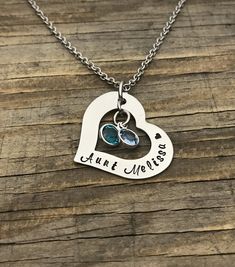 "**This listing includes a 1 1/4\" hand stamped stainless steel heart washer personalized with Aunt and the name needed, and up to 5 Swarovksi birthstones on a stainless steel chain. This item can only fit a maximum of 22 letters. Please include in the message to seller section the name to be stamped after Aunt and the birthstone(s) needed up to five. Need more than five birthstones- Additional birthstones are available here- https://www.etsy.com/listing/223554867/not-for-individual-sale-add-to- Aunt Necklace, Jewelry Name, Family Jewelry, Family Jewellery, Jewelry Personalized, Name Jewelry, Stamped Jewelry, Godmother, Personalized Necklace