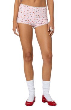 A dainty strawberry print decorates these stretchy cotton shorts designed in a leggy length with scalloped lace trim and a low-rise waist. Pull-on style 95% cotton, 5% spandex Machine wash, dry flat Imported Cute Stretch Cotton Bottoms, Cute Fitted Cotton Bottoms, Cute Fitted Short Bottoms, Stretch Cotton Jean Shorts, Pink Fitted Bottoms With Strawberry Print, Cute Fitted Bottoms For Loungewear, Cute Stretch Bottoms Of Short Length, Cute Fitted Loungewear Bottoms, Fitted Pink Bottoms With Strawberry Print