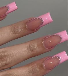 Short Pink Nails With Diamonds, Pink French Tip Designs Acrylic, Fancy Pink Nail Designs, Medium Size Nails Acrylic Square, Pink Prom Nails Coffin, Light Pink Nail Ideas Acrylic, Pink Tattoos On Black Women, Pink Acrylic Nails For Prom, Pink Glitter Tip Acrylic Nails