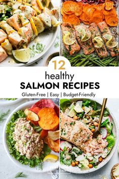 Four images of salmon recipes plated with delicious side dishes all from our 12 healthy and easy salmon recipes guide. Easy Healthy Salmon Recipes, Easy Healthy Salmon, Gluten Free Fish Recipes, Gluten Free Fish, Healthy Salmon Recipes, Easy Salmon Recipes, Healthy Salmon