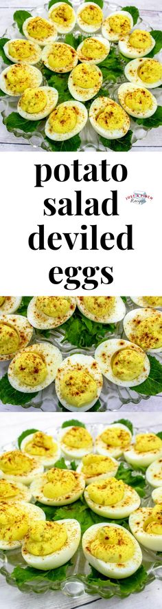 an image of deviled eggs on a platter with the words potato salad deviled eggs