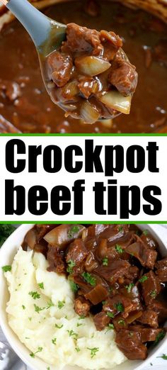 crockpot beef tips in a bowl with mashed potatoes and gravy