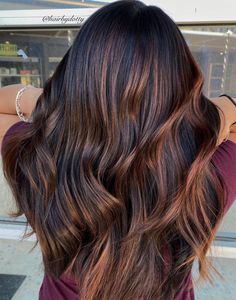 Long Brunette Balayage with Copper Highlights Highlights For Black Hair, Painted Balayage, Dark Brunette Balayage, White Blonde Highlights, Balayage Straight Hair, Balayage Long Hair, Hairstyles For 2023, Beige Hair, Black Hair Balayage