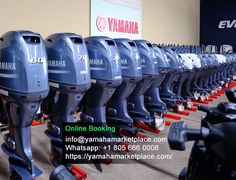 several yamaha outboards are lined up in a row and ready to be auctioned