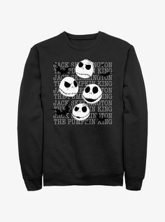 Four Jacks are better than one. This crewneck sweatshirt features the many emotions of the Pumpkin King himself over a repeated text and bat-accented background.50% cotton  50% polyesterWash cold; dry lowImportedListed in men'sunisex sizes The Pumpkin King, The Nightmare Before Christmas Jack, Christmas Cardigan, Pumpkin King, Pants Shirt Men, Nightmare Before Christmas Jack, Text Background, Sneaker Dress Shoes, The Nightmare Before Christmas