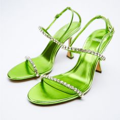 Genuine Zara New With Tag Material: Vegan Leather Upper Color: Lime Green Bling Bling Sandals. Bling Sandals, Black Kitten Heels, Rhinestone High Heels, Zara Heels, White Sandals Heels, Green Heels, Bow Pumps, Rhinestone Sandals, Metallic Heels