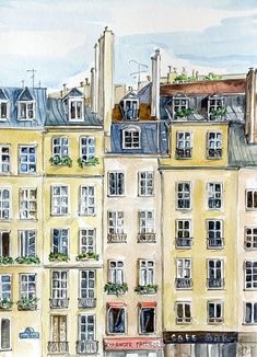 watercolor painting of buildings with windows and balconies